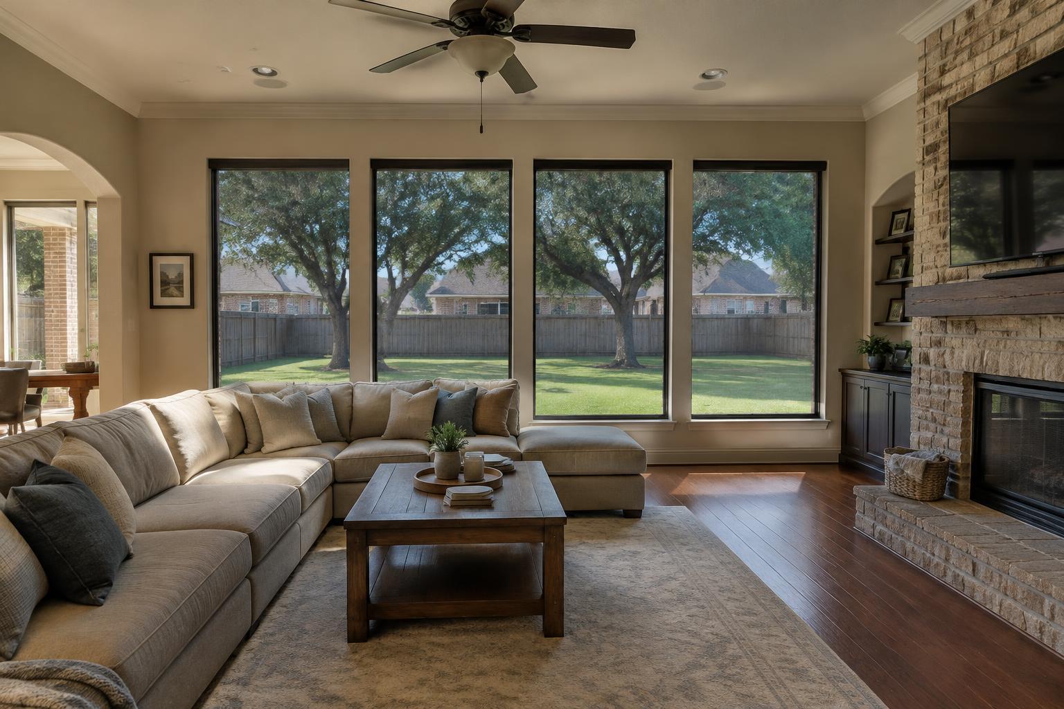 Modern living room with floor-to-ceiling tinted windows at sunset