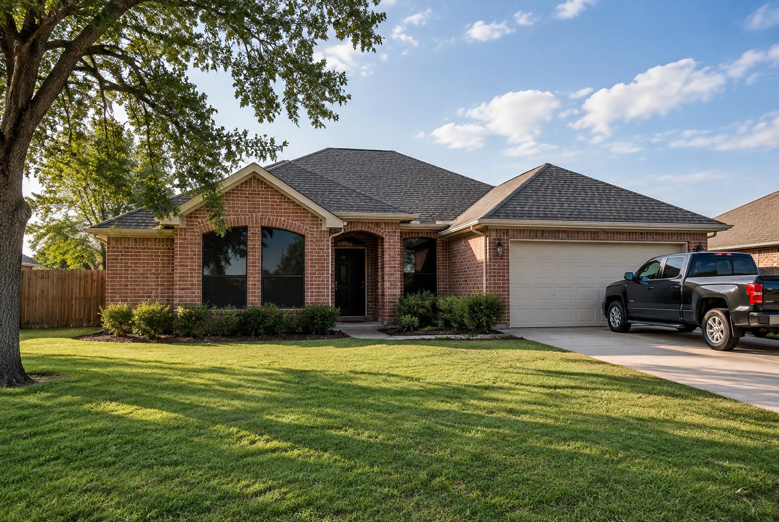 Brick home with tinted front windows in North Texas